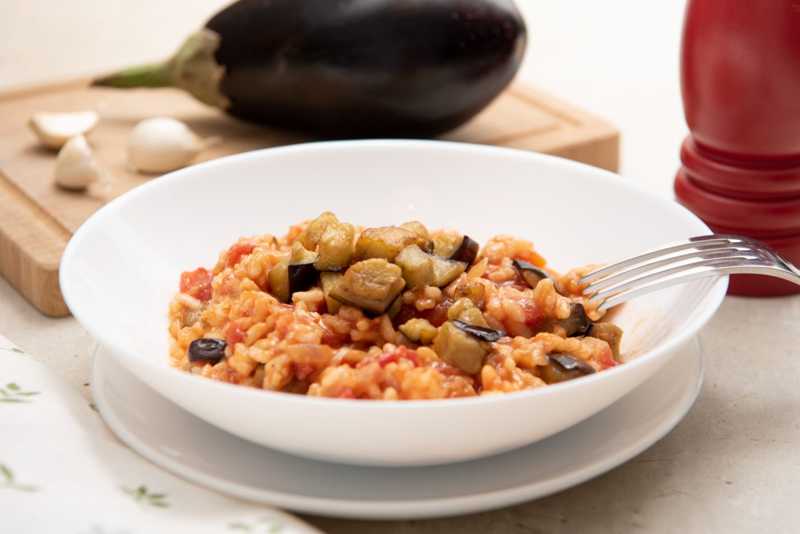 Paradicsomos, padlizsános rizottó